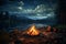 Serene camping scene at night, where a warm and inviting campfire flickers under a sky filled with countless twinkling stars. Ai