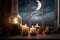 serene candlelit scene, with view of the stars and moon above