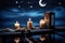 serene candlelit scene, with view of the stars and moon above