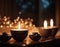 A serene candlelit spa scene with a bowl of pebbles and two lit candles on a windowsill, set against a blurred backdrop