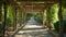 A serene and captivating walkway, adorned with rows of lush trees and bushes, providing a tranquil setting in a vibrant park, A