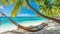 Serene Caribbean beach adorned with a beautiful hammock, turquoise water, and palm trees, Ai Generated