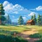 Serene Cartoon Landscape With Detailed Cabin And Trees