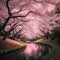 A serene cherry blossom park in full bloom