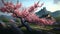 Serene Chinese landscape with pink blossoming peach tree