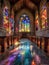 A serene church interior bathed in the vibrant hues of sunlight filtering through magnificent stained glass windows