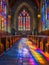 A serene church interior bathed in the vibrant hues of sunlight filtering through magnificent stained glass windows