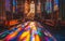 A serene church interior illuminated by the vibrant colors of sunlight through stained glass windows, casting a mosaic