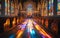 A serene church interior illuminated by the vibrant colors of sunlight through stained glass windows, casting a mosaic