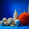 Serene Coastal Relics: Dried Starfish and Corals on a Blue Canvas, Inviting Relaxation