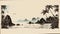 Serene Coastal Scenery: An Ink Wash Painting Of An Island With Palm Trees And A Bird
