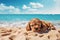 Serene coastal view with cute fluffy puppy lounging on sandy beach amid ocean waves