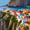 A serene coastal village with colorful houses perched on cliffs overlooking a calm ocean4, Generative AI