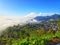 Serene countryside landscape with majestic mountains and lush green hills under a blue sky