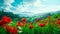 Serene Countryside with Poppies and Wildflowers in Contrast with the Mountains AI generated