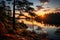 Serene dawn: colorful sky, lake reflecting, nature awakening., generative IA