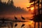 Serene dawn on reflective lake, silhouette trees. Birds dance in the sky., generative IA