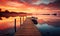 Serene Dawn with a Wooden Pier Extending into a Calm Lake with a Moored Boat Under a Vivid Orange Sky Reflecting in the Still