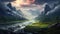 Serene Digital Fantasy Landscape: Majestic Mountains And River