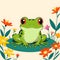 A serene digital illustration of a green frog, vibrant flowers, encapsulating the tranquility of nature.