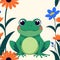 A serene digital illustration of a green frog, vibrant flowers, encapsulating the tranquility of nature.
