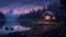 Serene Digital Wallpaper of a Small Empty Cabin Nestled by the Relaxing Lakeside Amidst Nature