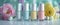 A serene display of five nail polish bottles in pastel shades, complemented by a soft focus on elegant flowers in the