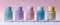 A serene display of five nail polish bottles in pastel shades, complemented by a soft focus on elegant flowers in the