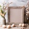 A serene Easter background showcasing a clean wooden frame and subtle pastel elements.