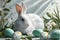 Serene Easter Morning Scene With a White Bunny and Decorative Eggs by a Sunlit Window. Generative AI