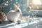 Serene Easter Morning Scene With a White Bunny and Decorative Eggs by a Sunlit Window. Generative AI