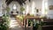 Serene easter sunday church interior with warm light streaming through stained glass windows