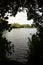 Serene English lakeside view on a summer day through trees