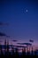 A serene evening in the mountains with the crescent moon against a purple and blue sky with pine trees silhouetted in the