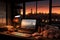 Serene Evening Sunset. Desk with Lamp, Laptop, and Captivating Cityscape View.