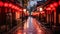 A serene and eye-catching setting is created by a wet street adorned with vibrant red lanterns, A walkway lined with traditional