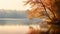 Serene Fall At The Lake: Ethereal Trees In Light Orange And Amber