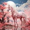 Serene Fantasy Realm White Horse in a Pink and Blue Oasis