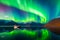 In the serene fjord, a ship glides beneath the vibrant hues of the Aurora borealis that light up the night sky
