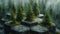 Serene Forest Scene with Pine Trees on Hexagonal Stone Platforms