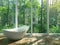 Serene forest-view bathroom with modern design