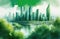 A serene futuristic city skyline with gleaming skyscrapers near a tranquil river, surrounded by lush greenery in a watercolor
