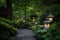 serene garden with lanterns and candles lighting the way