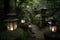 serene garden with lanterns and candles lighting the way