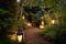 serene garden with lanterns and candles lighting the way