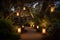 serene garden with lanterns and candles lighting the way