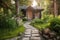 serene garden with natural stone pathway and lanterns leading to the front door of a log cabin house