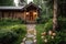 serene garden with natural stone pathway and lanterns leading to the front door of a log cabin house