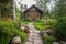 serene garden with natural stone pathway and lanterns leading to the front door of a log cabin house