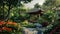 Serene garden oasis with private pavilion amid lush greenery and blooming flowers. Private retreats